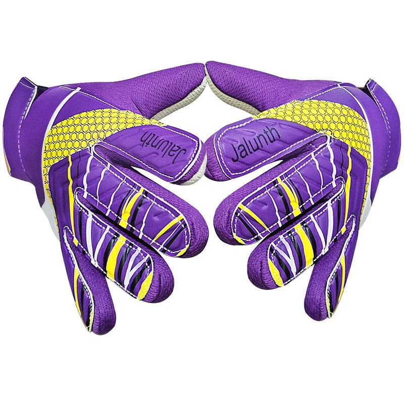 Jalunth Kids Youth Soccer Goalkeeper Goalie Gloves Boys Girls Goal Keeper Field Player Glove Ages 9-10 Years Old Anti-Slip Latex Palm Soft Pu Hand Back Size 7 Purple - Image 1